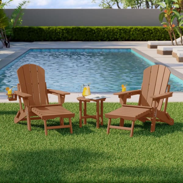 Laguna Outdoor Weather Proof 3-Piece Folding Adjustable Adirondack Chair w/ Pull Out Ottoman & Table Set, Teak