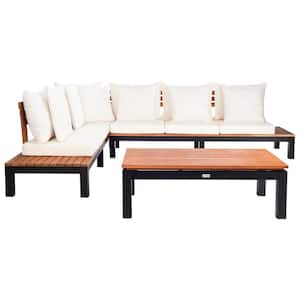 Fristal Natural Wood Outdoor Patio Sectional with Beige Cushions and Beige Pillows