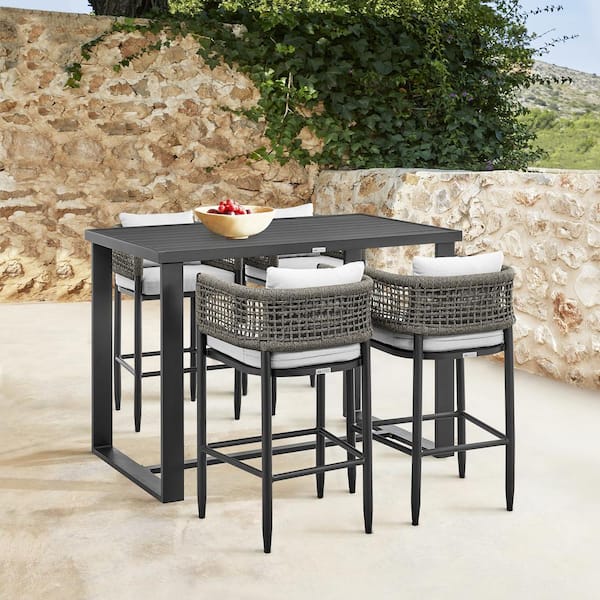 Armen Living Felicia Black 5-Piece Aluminum Rectangle Bar Height Outdoor Dining Set with Grey Cushions