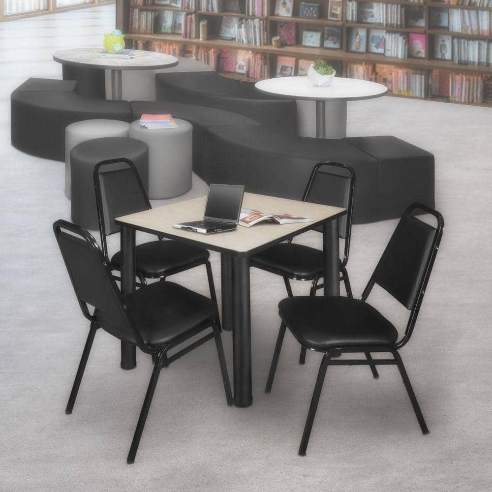 Kee 30 in. Maple Top Square Breakroom Table Desk, Black Legs, 4 Restaurant Stack Chairs