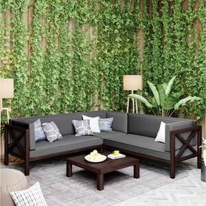 4-Piece Patio Wood Sofa Set Acacia Wood Modern Outdoor Conversation Set for Backyard, Garden, Poolside, Gray Cushion