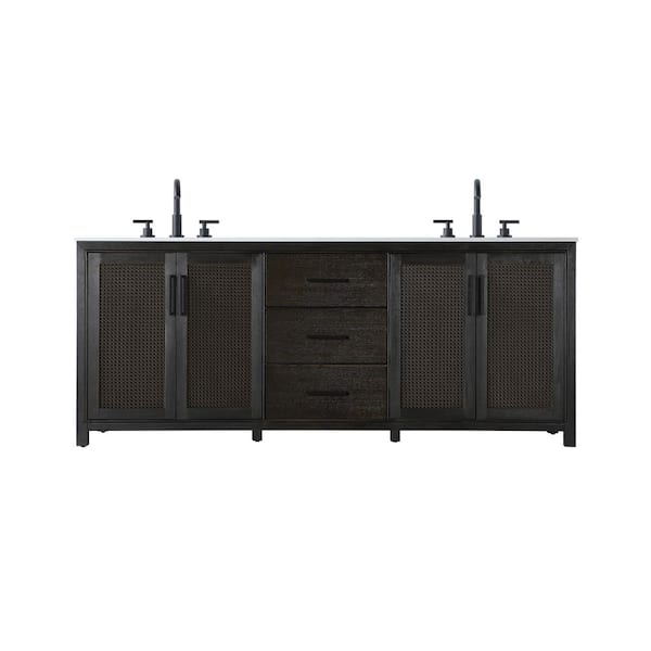 84 in. Double Sink Chocolate Oak Bath Vanity with White Engineered Marble Top