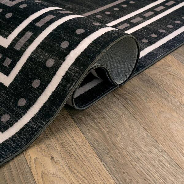 Dotted Border Black Machine Washable Non-Slip Backing Area Rug 2' x 10' Black