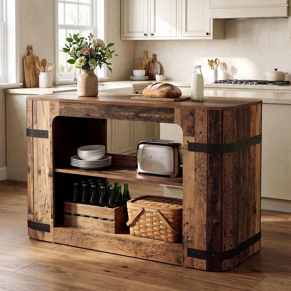 Rustic Brown Wood 55.12 in. Kitchen Island with Storage Shelves and Seating Space, Island Table for Dining Room