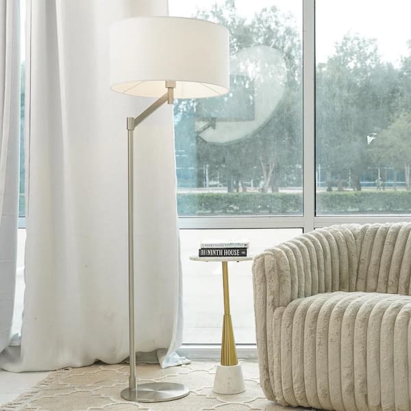 61 in. Brushed Nickel Modern 1-Light Smart 1-Way (On/Off) Standard Floor Lamp for Living Room with Linen Drum Shade