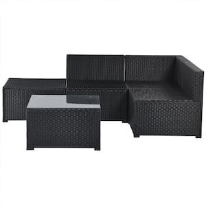 Black 5-Piece Wicker Outdoor Patio Conversation Set with Beige Cushions