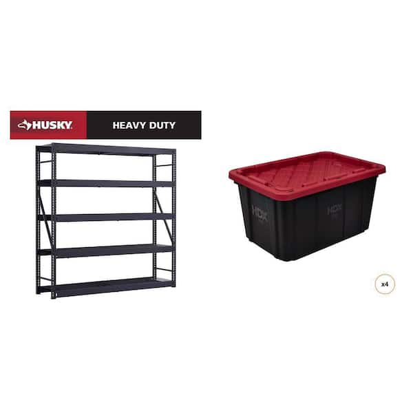 90 in. x 90 in. x 24 in. Black Metal 5-Shelf Unit and 27 Gal. Black and Red Storage Tote (4-Count) Combo