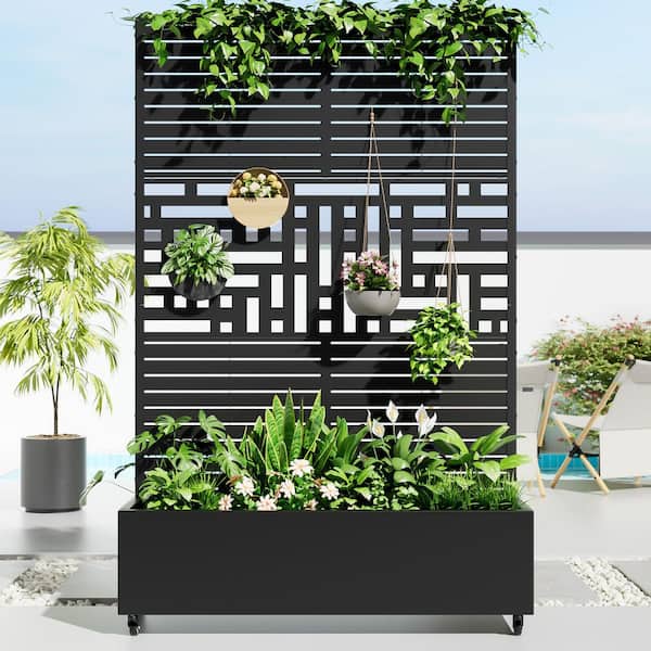 Lumioca 1 Piece 71.37 In. H x 46.8 In. W Iron Black Window-Shades Outdoor Planting Box with Climbing Frame Decorative Art Panel
