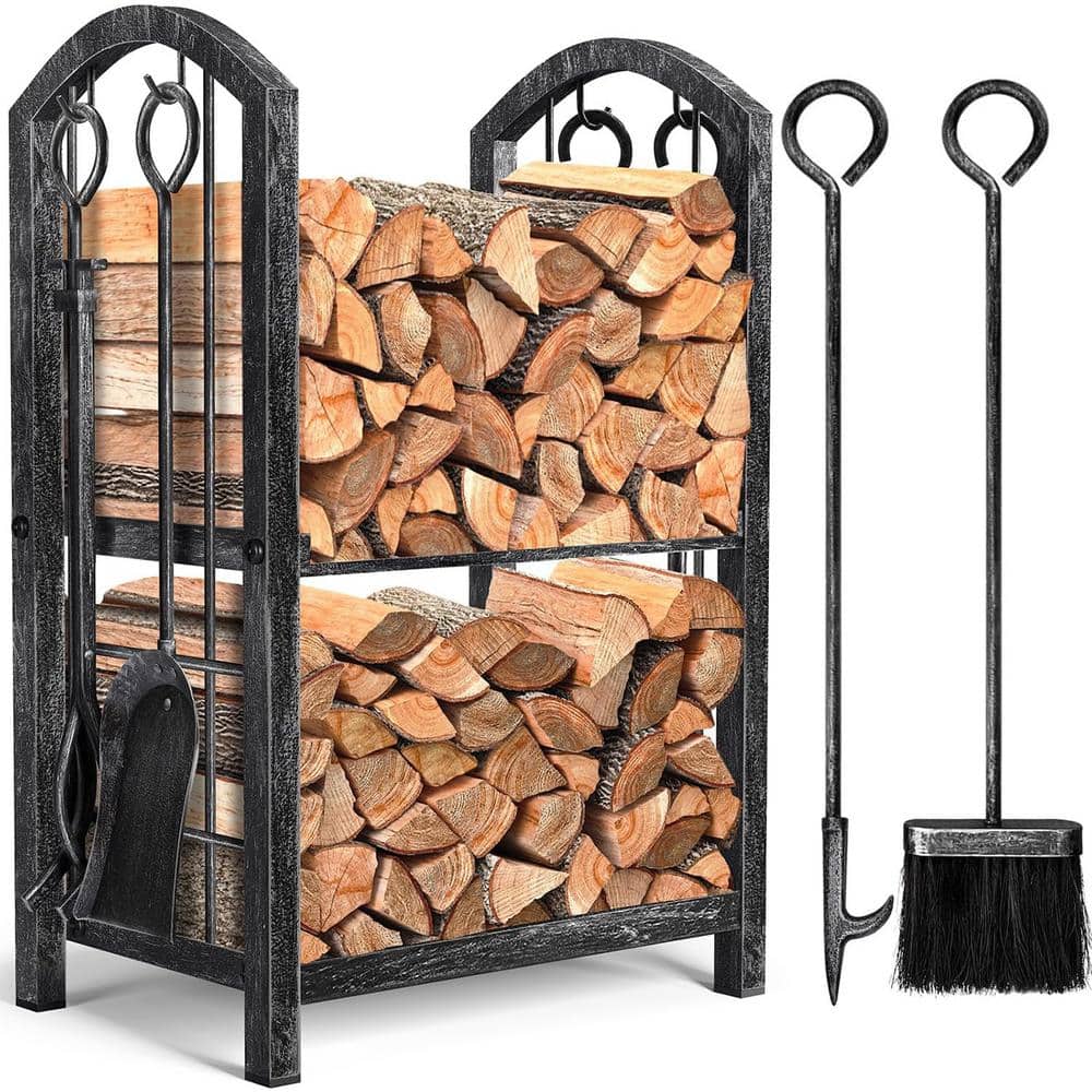 Firewood Rack Wood Holders Fireplace Lumber Storage Stacking with Set Tong 