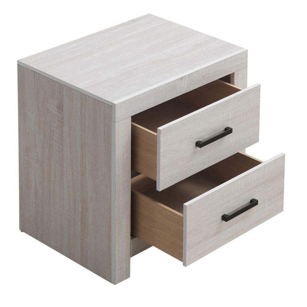 White Wood Grain 2-Drawer Nightstand with Metal Bar Pulls