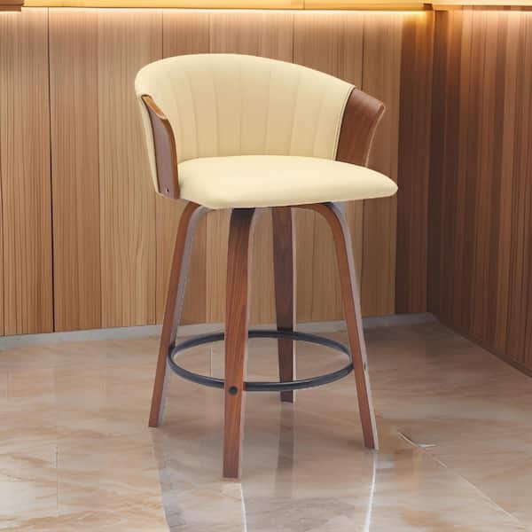 Benjara 26 in. Cream and Brown Low Back Wood Frame Bar Stool with Faux Leather Seat