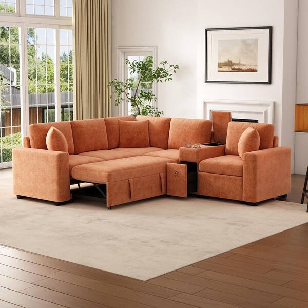 120.5 in. Reversible Chenille Modular Sectional Sofa Bed in Orange with Pull-Out Bed, Cup Holders and Ample Storage