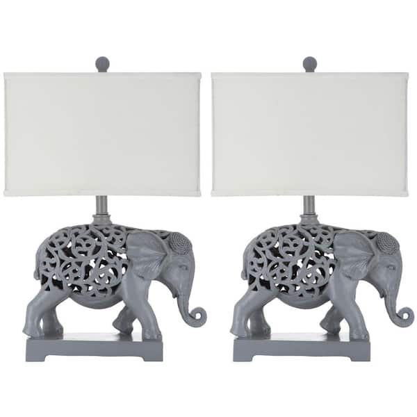 SAFAVIEH Hathi 25.5 in. Light Grey Elephant Table Lamp with Cream Shade (Set of 2)