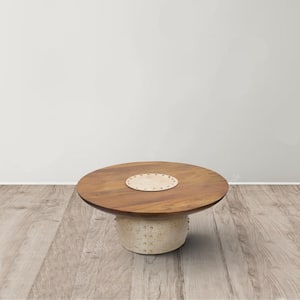 35 in. Brown and Beige Round Wood Coffee Table with Metal Frame