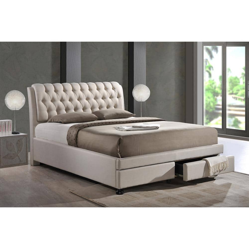 King Light Beige Upholstered Storage Bed with Tufted Headboard