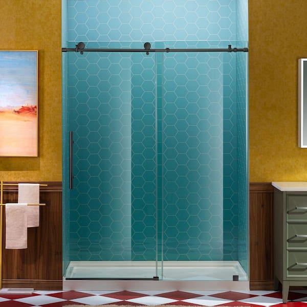 60 in. W x 80 in. H Sliding Frameless Shower Door in Matte Black Finish with 5/16 in. Clear Glass