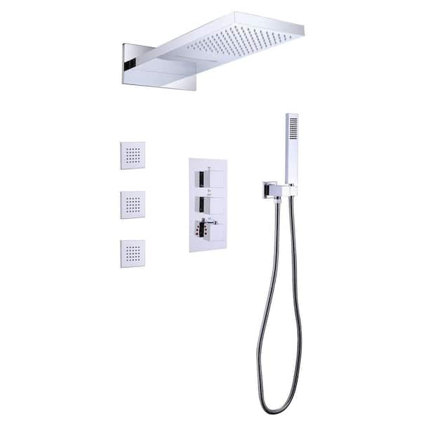 AIMADI Triple Handle 2-Spray Wall Mount Shower Faucet 1.8 GPM with Anti Scald Thermostatic Shower System in. Polished Chrome