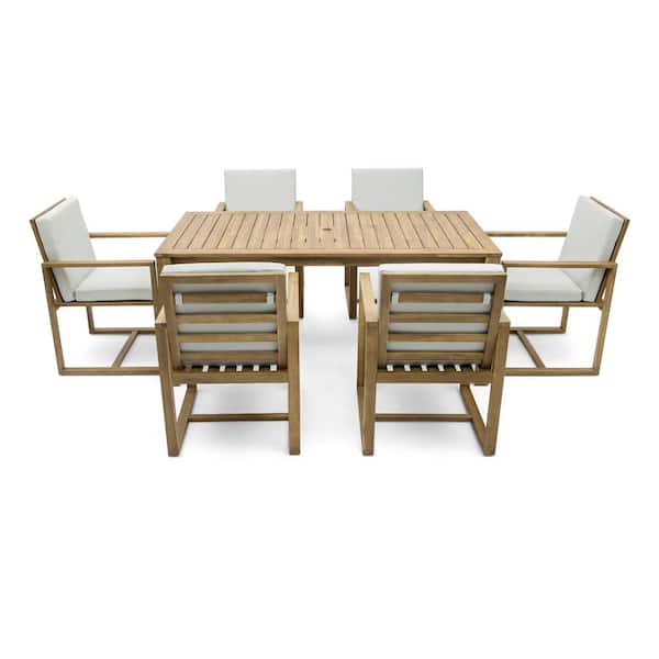 Boosicavelly Light Teak 7-Piece Wood Outdoor Dining Set with Light Beige Grey Cushion and Umbrella Hole