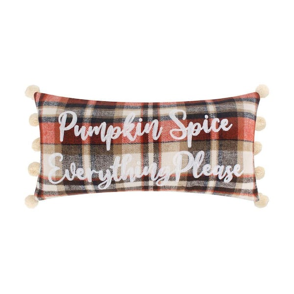 Mills Waffle Orange Pumpkin Spice Embroidered with Side Pom Poms 12 in. x 24 in. Throw Pillow