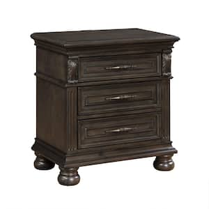 28 in. Brown and Bronze 3-Drawers Wooden Nightstand