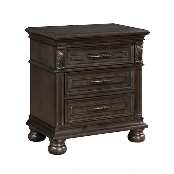 Benjara 28 in. Brown and Bronze 3-Drawers Wooden Nightstand