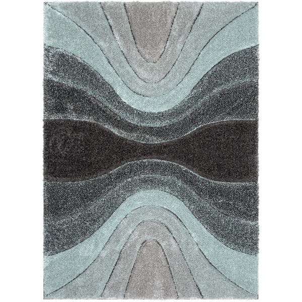 Well Woven San Francisco Luz Modern Geometric Shag Hand-Carved, Light Blue 5 ft. 3 in. x 7 ft. 3 in., Area Rug
