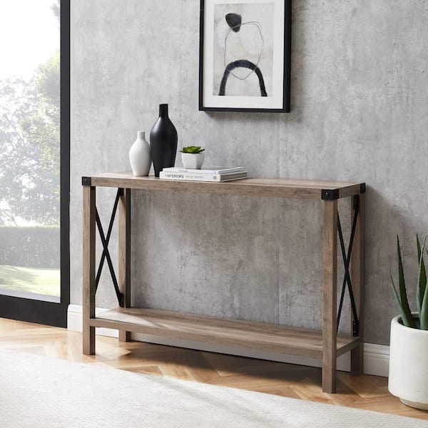 Industrial 46 in. Gray Wash Standard Rectangle Wood Console Table with Storage