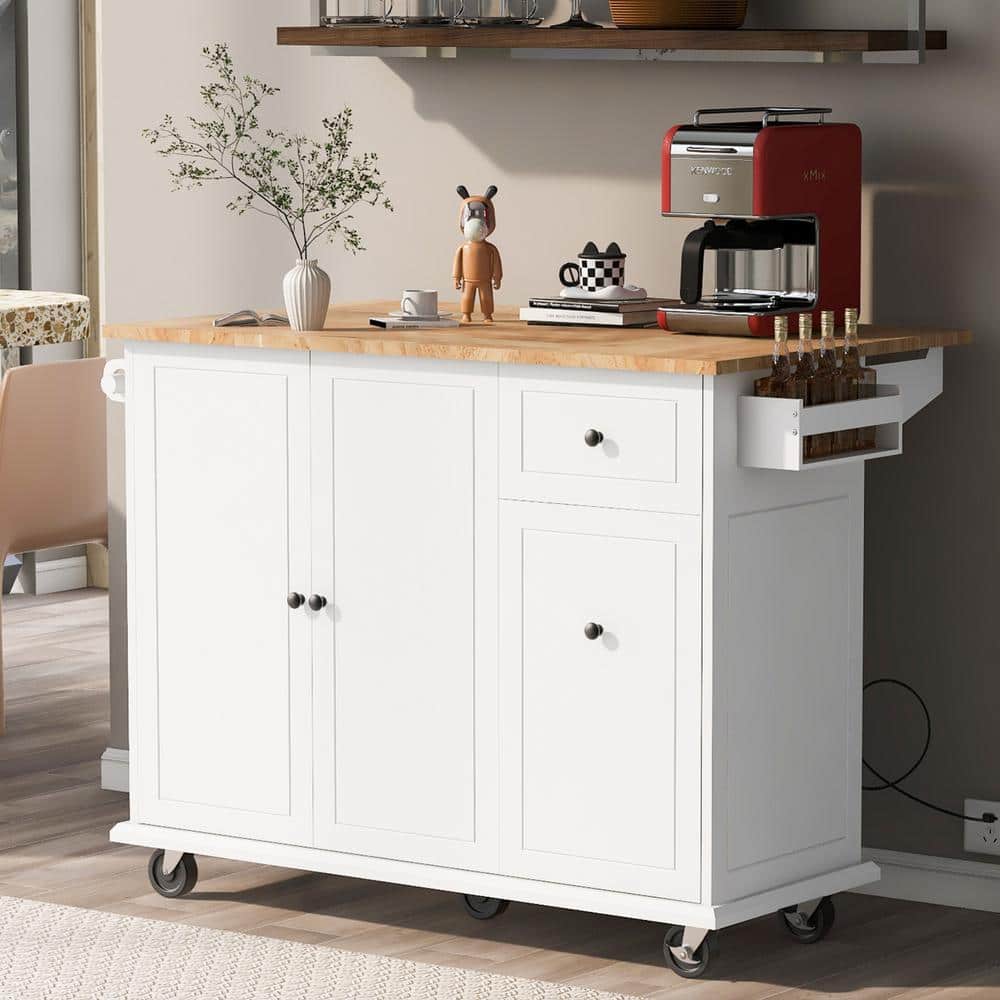 White Wood 53.94 in. W Kitchen Island with Wheels Drop Leaf Storage Rack 3 
