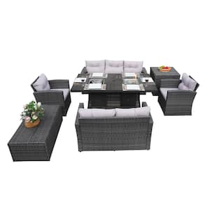 Jessica 7-Piece Wicker Patio Fire Pit Conversation Set with Gray Cushions