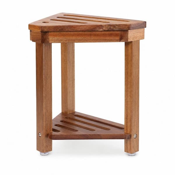 14 in. Acacia Wood Shower Bench in Wood Color with Storage Shelf, Corner Shower Stool for Shaving Legs, Waterproof