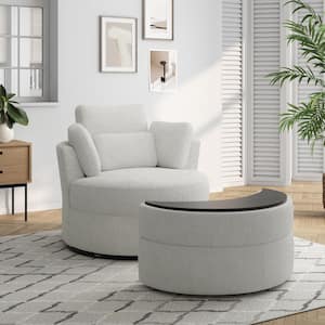 Ivory Boucle Polyester Upholstered Swivel Accent Barrel Chair with Storage Ottoman and Pillows (Set of 1)