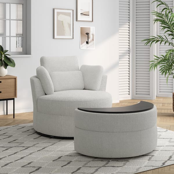 Uixe Ivory Boucle Polyester Upholstered Swivel Accent Barrel Chair with Storage Ottoman and Pillows (Set of 1)