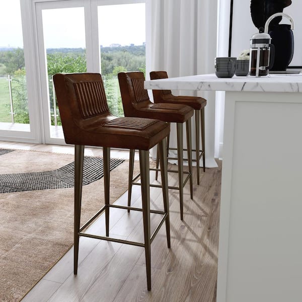 Maxwell 32 in. Seat Height Dark Brown Leather and Iron Bar Height Stool with Back