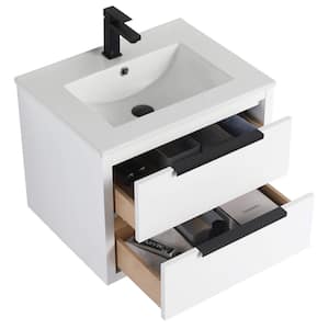 Kingsford 24 in. Single Wall Mounted White Bath Vanity with Drawers with White Ceramic Sink Top