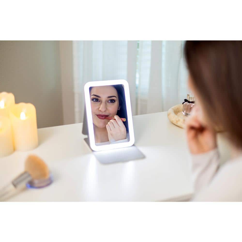 White Shatterproof Travel Mirror with Adjustable Stand and Light