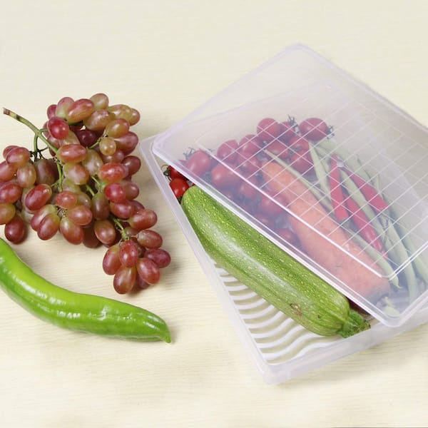 Stackable & Space-Saving, 4 Piece, Food Grade Fridge Organizer Set with Drain Plate & Lids for Fruits Vegetables Storage