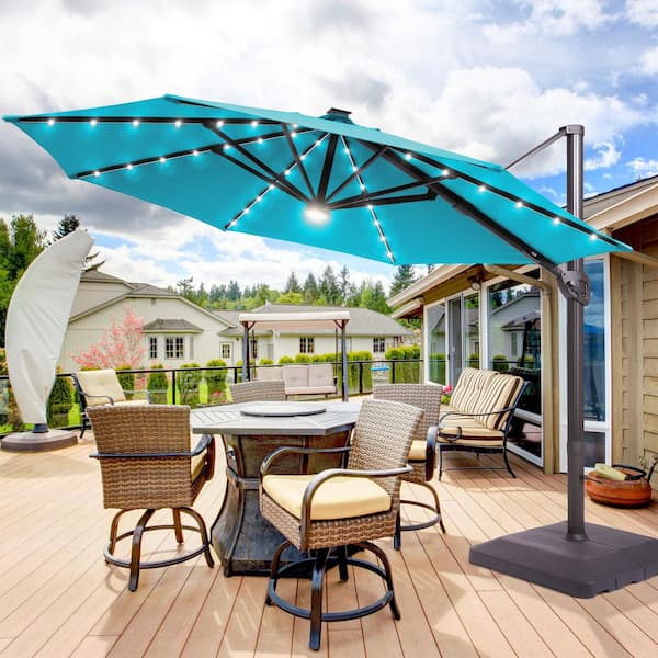 Sonkuki 11 ft. Solar LED Round Aluminum Cantilever Outdoor Patio Umbrellas with Base Stand in Lake Blue