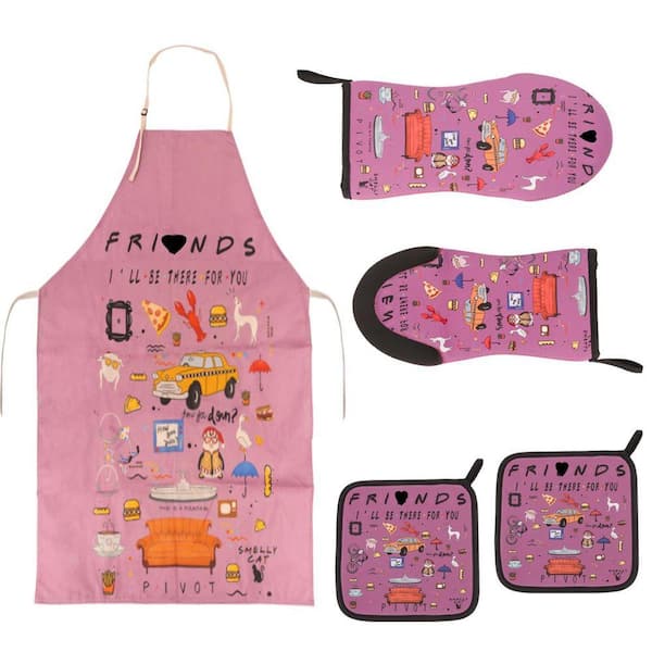 Kitchen Decor with Apron, Non-Slip Heatproof Oven Mitts and Pot Holders, Unique Cooking Accessories for Fans, Pink
