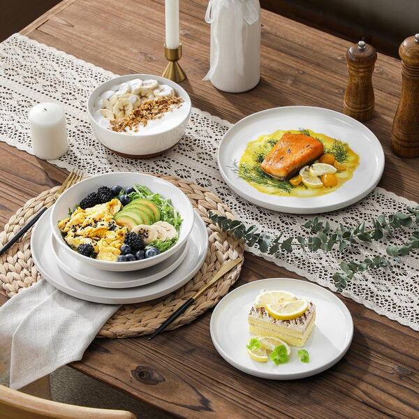 MALACASA 24-Piece White and Khaki Stoneware Dinnerware Set Service for 6 Tableware Set Bowls and Plates Dining Set ZORA-24-W
