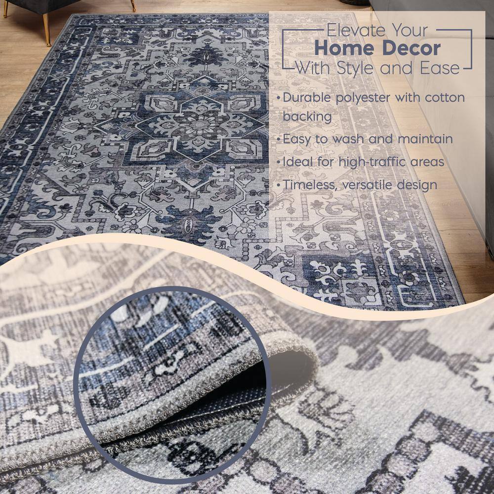 Lyla Blue and Gray Synthetic Traditional Washable 4' x 6' Area Rug