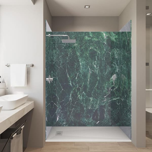 Bold Series- 60in. x32in. x84in. Alcove Solid Composite Stone Shower Kit -Green Emp. Shower Walls L/R WH Shower Pan Base