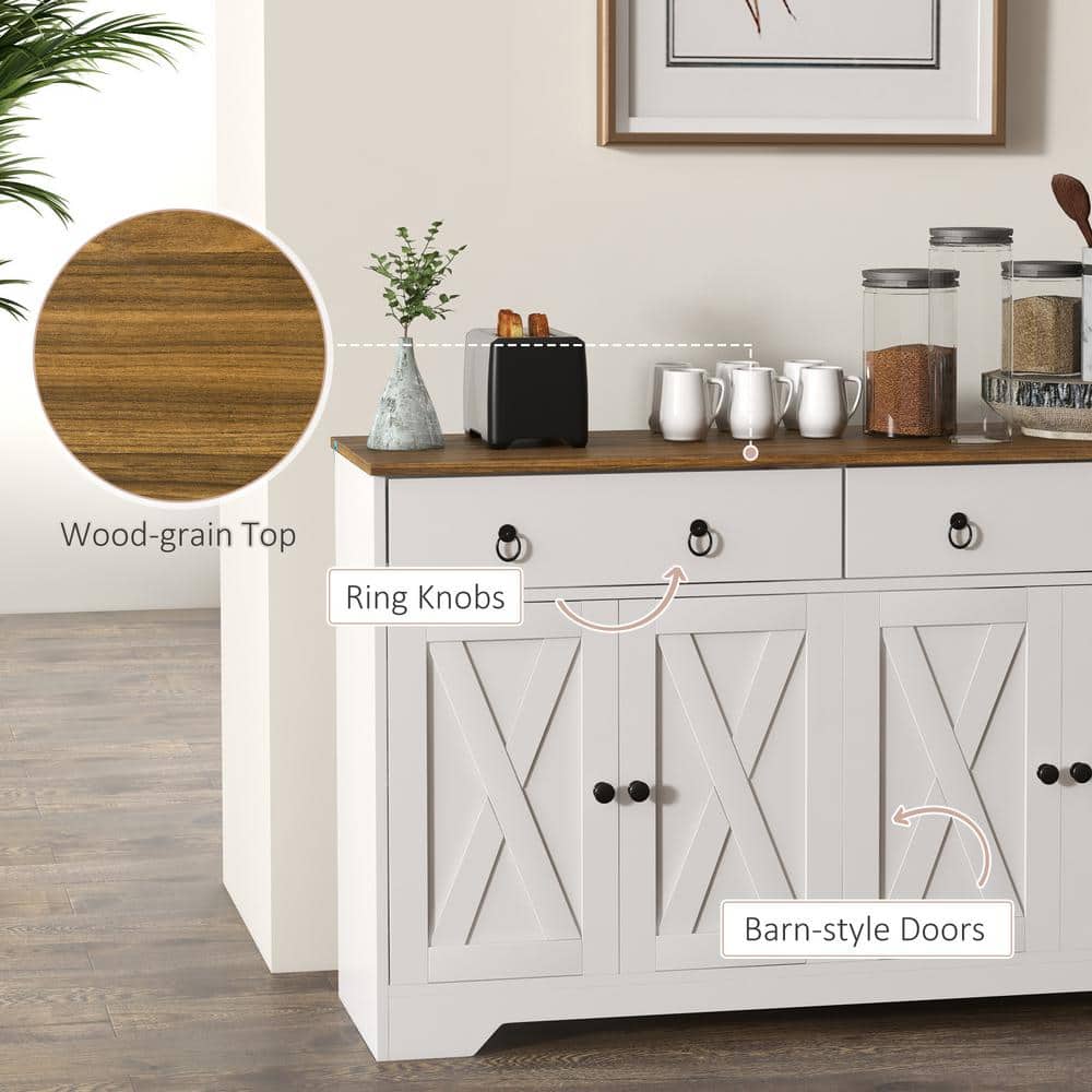 White Farmhouse Sideboard Buffet Cabinet with Barn Doors and Drawers