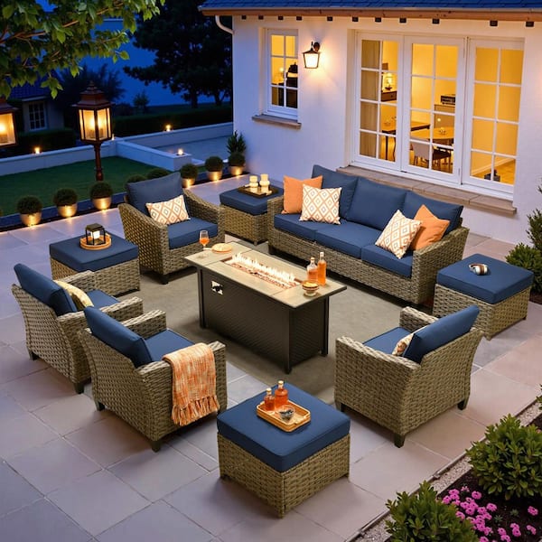Naturno Gray 10-Piece Wicker Patio Rectangle Fire Pit Conversation Set with Navy Blue Cushions