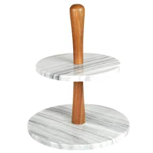 2-Tier Natural Marble and Acacia Wood Cake Dessert Stand, Fruit Plate, Pastry Server, Off-White