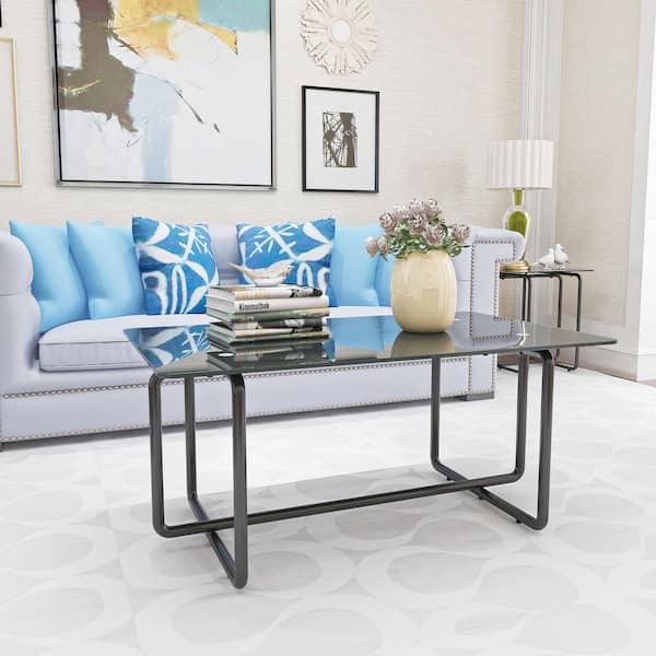 39.37 in. Rectangle Black Tempered Glass Coffee Table w/ Black Metal Legs 220 lbs. Capacity Modern Living Room Furniture