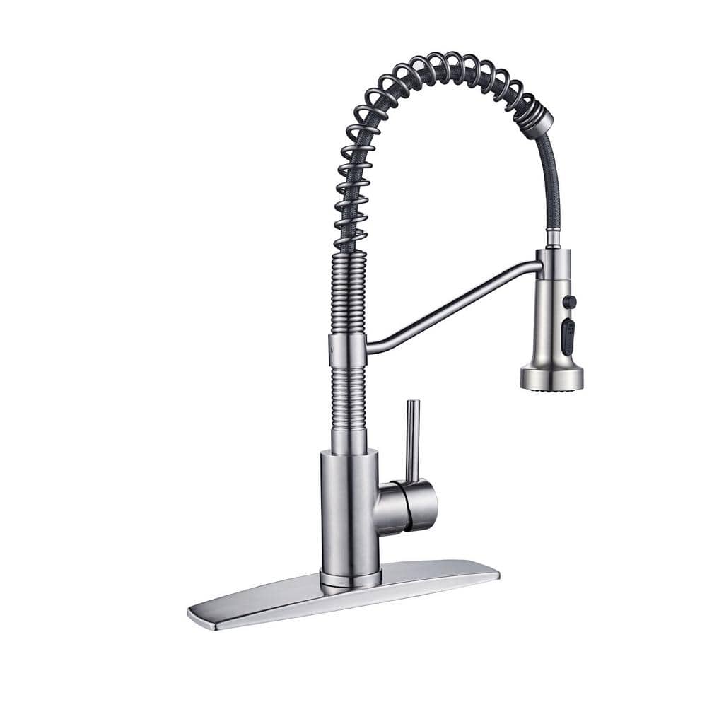 Single Handle Pull Down Sprayer Kitchen Faucet with Spring Neck in Brushed 