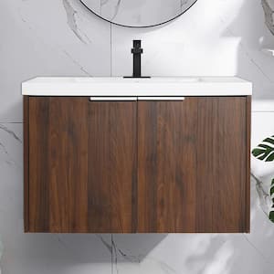FLOATING 30 in. Wx 18 in. Dx 19 in. H Wall Mount Bath Vanity in Walnut with Concealed Handle White Resin Single Sink Top