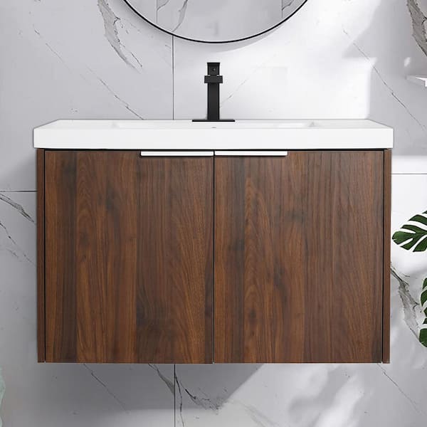 MYCASS FLOATING 30 in. Wx 18 in. Dx 19 in. H Wall Mount Bath Vanity in Walnut with Concealed Handle White Resin Single Sink Top