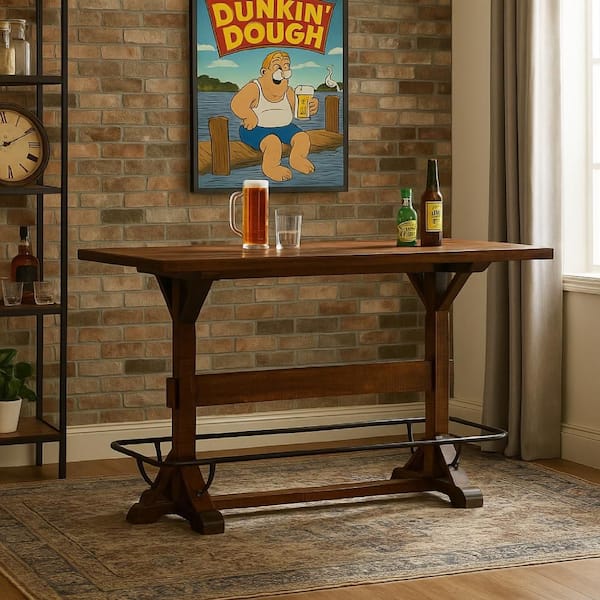Flint 78 in. Dark Brown Wood Pub Bar Table with Black Metal Foot Rail