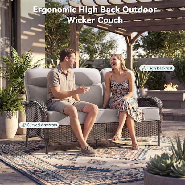 Rivieral 5-Piece Outdoor Wicker Patio Conversation Set with Fire Pit Table, Swivel Chairs and 6 in. Beige Cushions